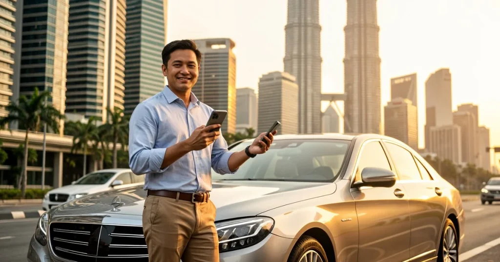 Lelaki profesional menyemak perbandingan insurans kenderaan di Kuala Lumpur