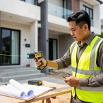 Juruukur mengukur rumah teres moden untuk mengira kos bina semula dan sum insured