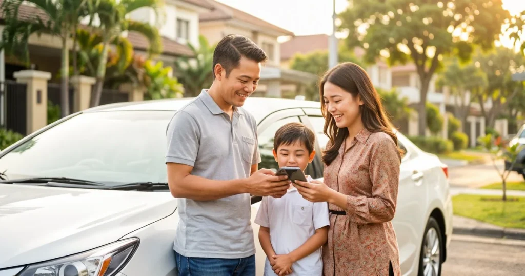 Keluarga Malaysia melihat telefon semasa memilih insurans kenderaan sebelum renew