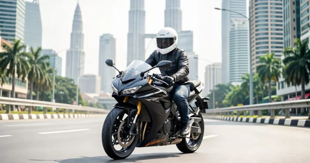 Penunggang motosikal di Kuala Lumpur dengan latar belakang Menara Petronas semak insurans motosikal