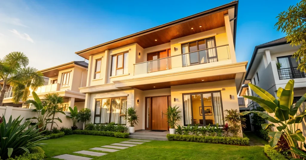 Rumah teres moden Malaysia dengan perlindungan insurans kebakaran