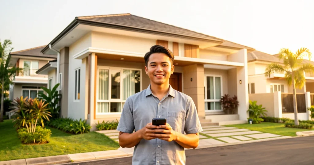 Lelaki Malaysia berdiri di hadapan rumah bungalow baharu sambil semak insurans rumah