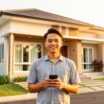 Lelaki Malaysia berdiri di hadapan rumah bungalow baharu sambil semak insurans rumah