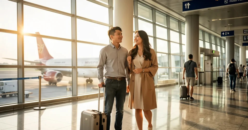 Pasangan Malaysia dengan bagasi di lapangan terbang KLIA merancang insurans perjalanan