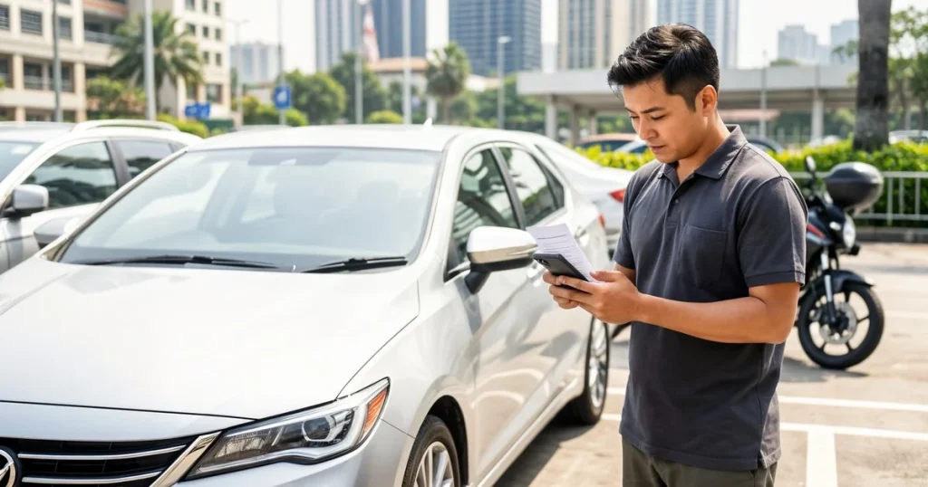 Pemilik kereta menyemak dokumen insurans kenderaan untuk pindah NCD motosikal ke kereta