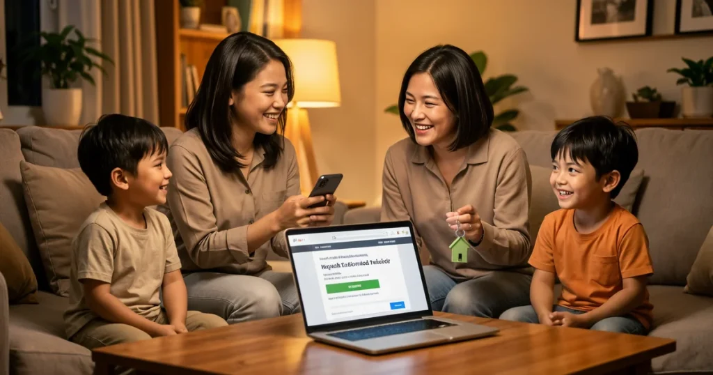 Keluarga Malaysia melayan laptop untuk membeli takaful rumah online di ruang tamu rumah