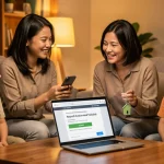 Keluarga Malaysia melayan laptop untuk membeli takaful rumah online di ruang tamu rumah