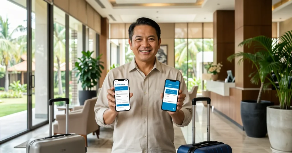 Lelaki Malaysia membandingkan pelan takaful perjalanan dan insurans perjalanan di hotel