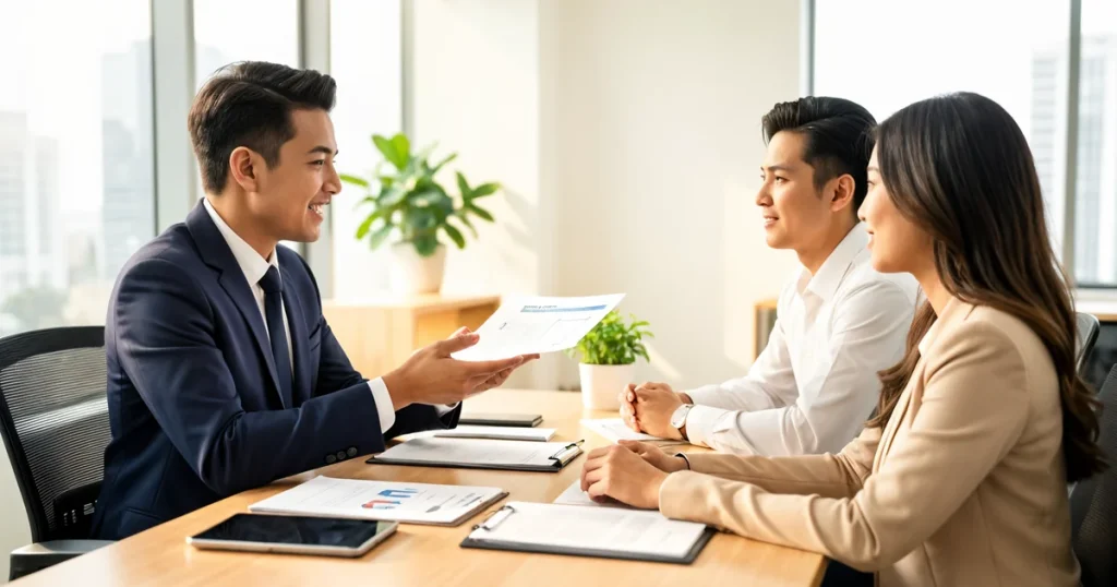 Ejen insurans Malaysia menerangkan pelan insurans kemalangan diri kepada pasangan muda di pejabat moden