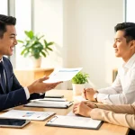 Ejen insurans Malaysia menerangkan pelan insurans kemalangan diri kepada pasangan muda di pejabat moden