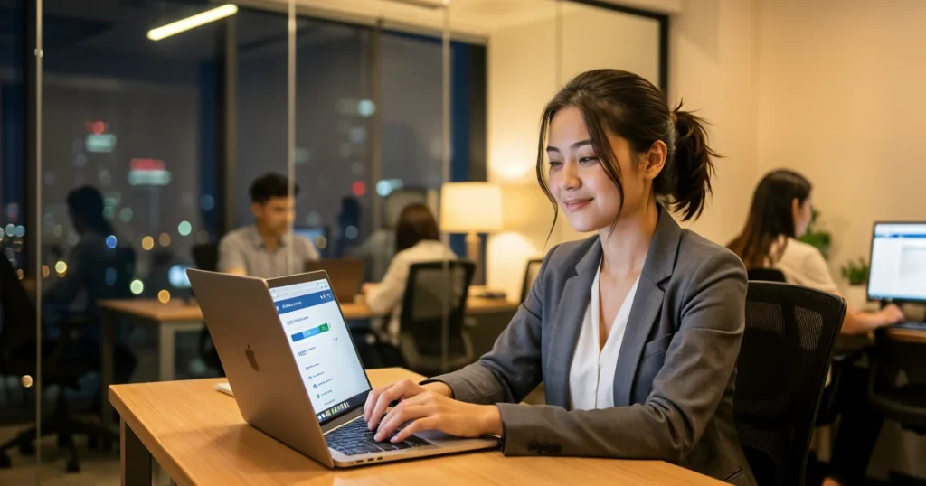 Usahawan wanita Malaysia membeli insurans pampasan pekerja online melalui komputer riba di pejabat pada waktu petang dengan lampu bandar