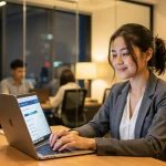 Usahawan wanita Malaysia membeli insurans pampasan pekerja online melalui komputer riba di pejabat pada waktu petang dengan lampu bandar