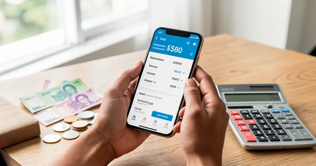 Tangan lelaki Malaysia memegang telefon dengan quotation insurans, wang ringgit dan kalkulator di atas meja kayu, konsep harga insurans kemalangan diri