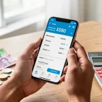 Tangan lelaki Malaysia memegang telefon dengan quotation insurans, wang ringgit dan kalkulator di atas meja kayu, konsep harga insurans kemalangan diri
