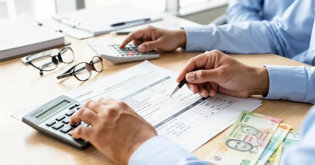 Tangan pengurus HR Malaysia menyemak dokumen payroll dan quotation insurans pampasan pekerja dengan kalkulator di meja pejabat