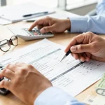 Tangan pengurus HR Malaysia menyemak dokumen payroll dan quotation insurans pampasan pekerja dengan kalkulator di meja pejabat