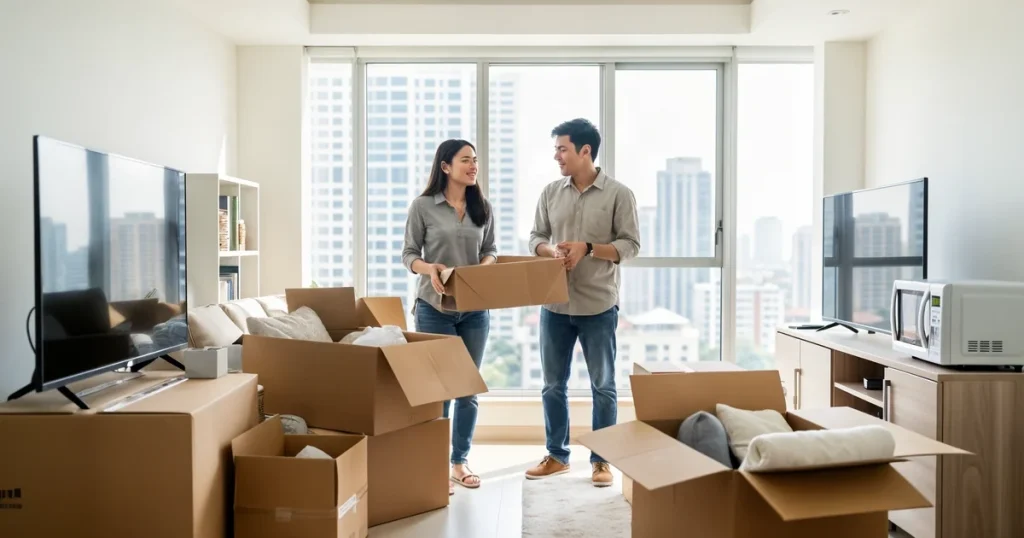 Pasangan muda penyewa menyusun perabot di apartmen sewa di Malaysia