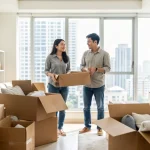 Pasangan muda penyewa menyusun perabot di apartmen sewa di Malaysia