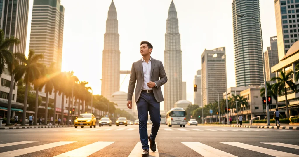 Pemandu profesional muda Malaysia berjalan di lintasan pejalan kaki Kuala Lumpur dengan latar Menara Petronas, konsep perlindungan insurans kemalangan diri