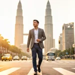 Pemandu profesional muda Malaysia berjalan di lintasan pejalan kaki Kuala Lumpur dengan latar Menara Petronas, konsep perlindungan insurans kemalangan diri