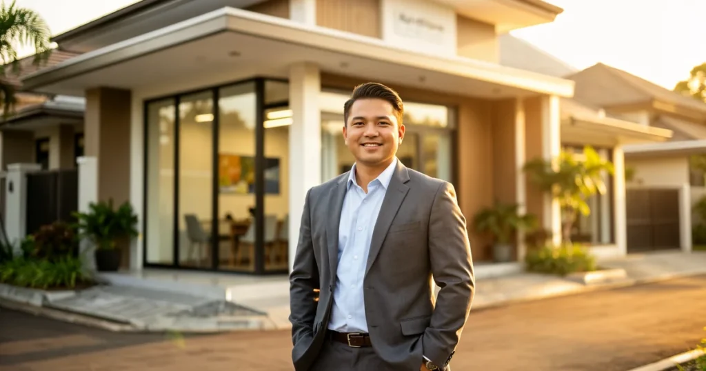 Pemilik perniagaan SME Malaysia berdiri di hadapan premis kedai pada waktu golden hour, konsep perlindungan insurans perniagaan