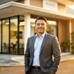 Pemilik perniagaan SME Malaysia berdiri di hadapan premis kedai pada waktu golden hour, konsep perlindungan insurans perniagaan