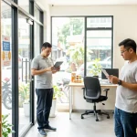 Bahagian dalam premis perniagaan kecil Malaysia yang maju dengan pemilik kedai menyemak tablet di kedai runcit moden