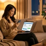 Wanita Malaysia membeli takaful isi rumah online melalui telefon dan komputer riba di ruang tamu