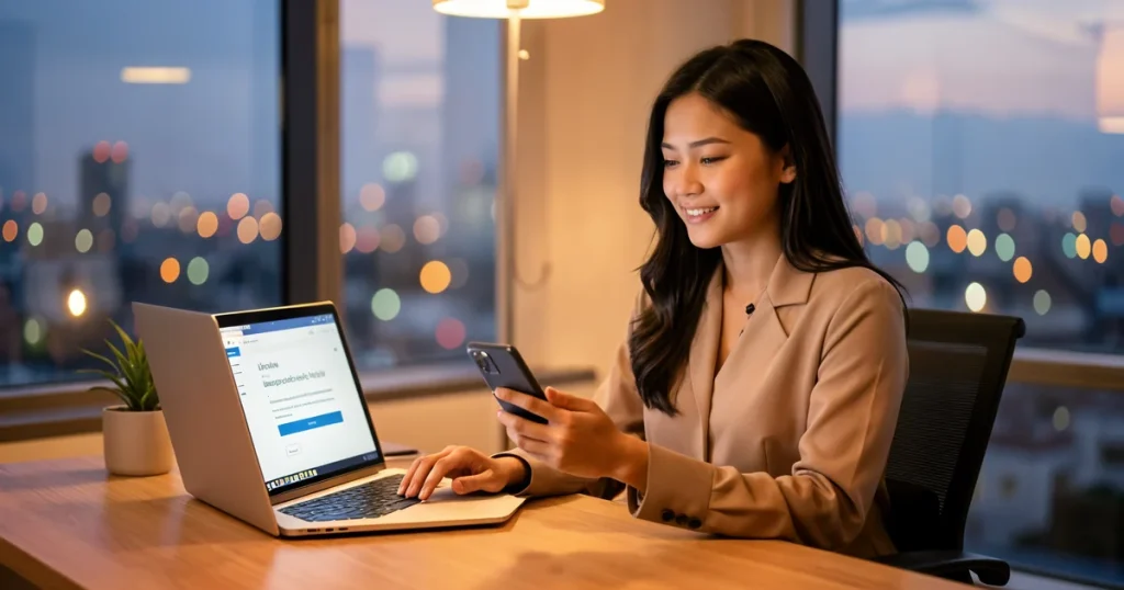 Usahawan wanita Malaysia membeli takaful perniagaan online melalui komputer riba di pejabat pada waktu senja dengan lampu bandar