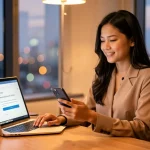 Usahawan wanita Malaysia membeli takaful perniagaan online melalui komputer riba di pejabat pada waktu senja dengan lampu bandar