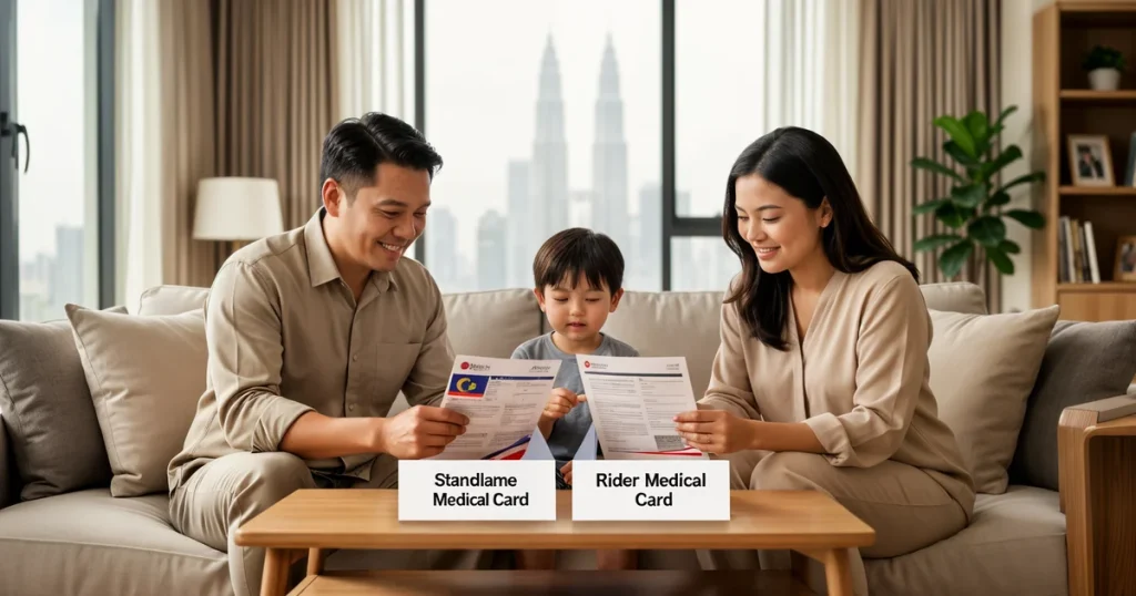 Standalone Medical Card vs Rider - keluarga Malaysia banding pelan perubatan