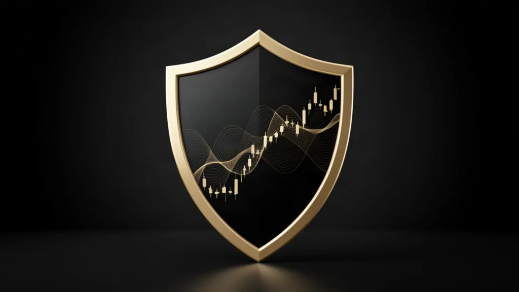 Risiko pelaburan Unit Trust - perisai perlindungan dengan visualisasi pasaran premium